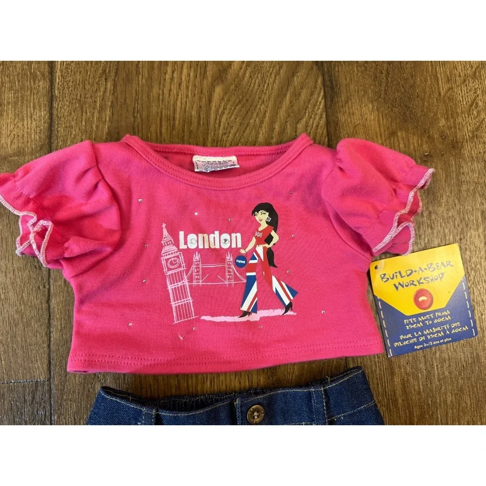 Build A Bear BABW Outfit Clothes London Shirt Denim Skirt Jewels Pink‎ Lot Plush